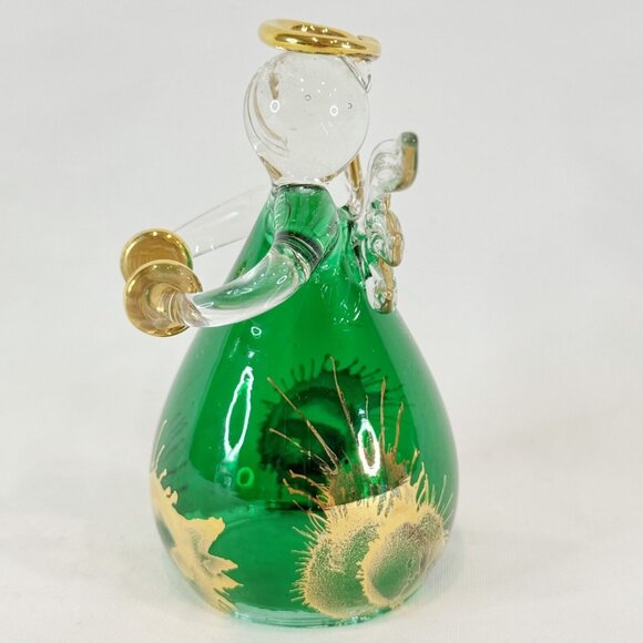 Vintage Hand Blown Glass Green Gold Angel Ornament Standing Decor 4" - Picture 2 of 6